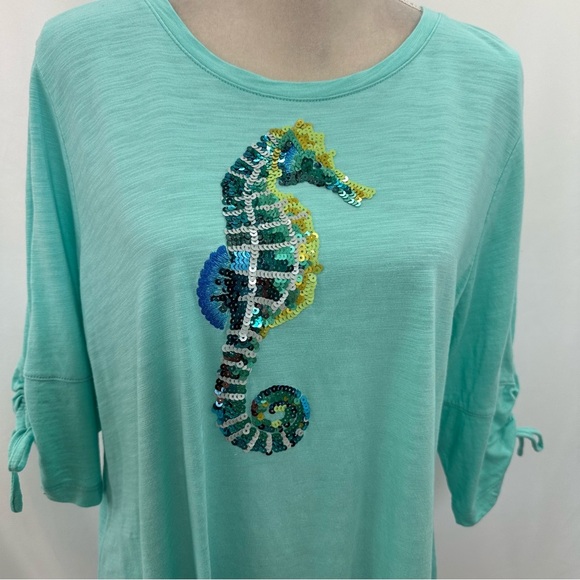 Quacker Factory Blue Nautical T-Shirt Womens Large 3/4 Sleeves Sequin Seashorse - Picture 3 of 8